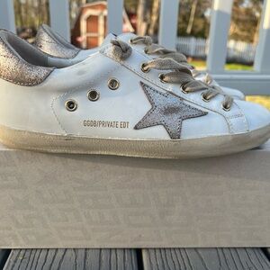 Golden Goose White and Silver Distressed Sneakers